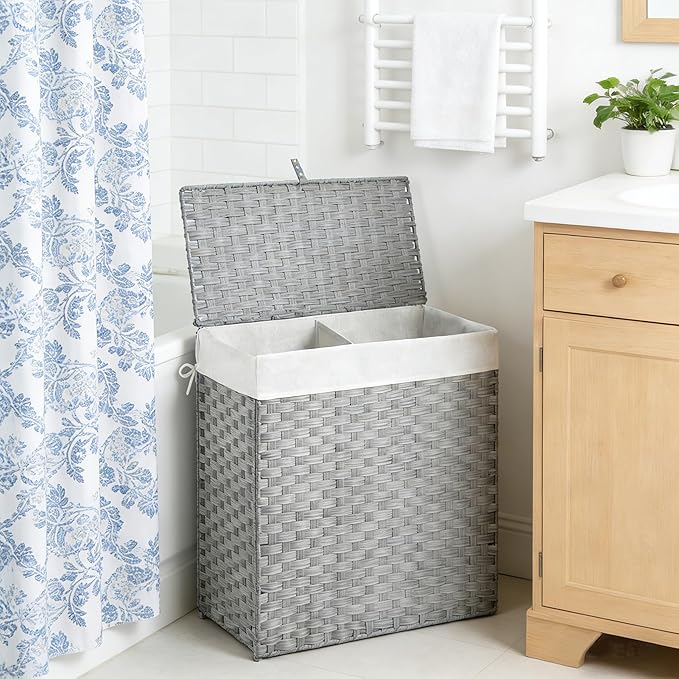 Wicker Laundry Hamper with Lid,130L (34Gal) Foldable Laundry Basket with Removable,Machine Washable 2-Section Liner and Handles,Gray Rattan Hamper for Organization and Storage