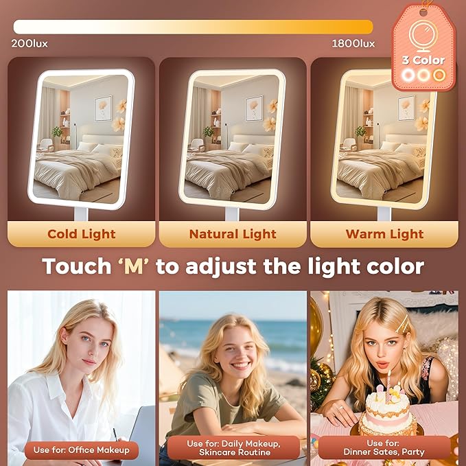 Vanity Mirror with Lights, Storage Hollywood Mirror, 1/10X Magnifing, 3 Colors Lights & Adjustable, Lighted Up Mirror for Makeup Desk, Bedroom, Dressing Room, （19.7" X 12" White） Plug in