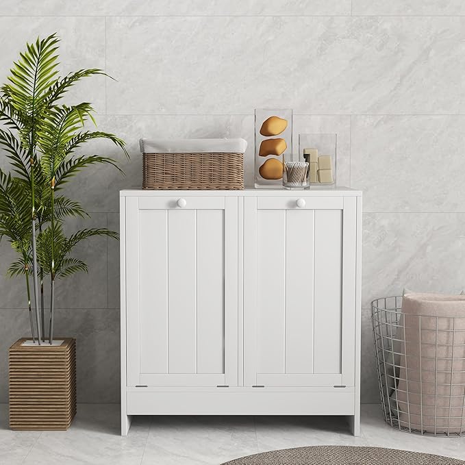 kleankin Double Tilt Out Laundry Hamper Cabinet with Storage, 19 Gallon Hidden Trash Can Cabinet with 2 Doors for Bathroom, Kitchen, White