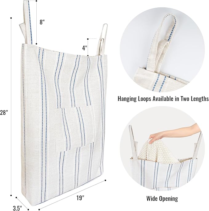 AELS Farmhouse Hanging Laundry Hamper with 2 Hooks, Boho Beige & Blue Stripes Laundry Bag with Zipper & Wide Open Top, Over the Door Organizer for Dirty Clothes, Washable Space Saving Storage