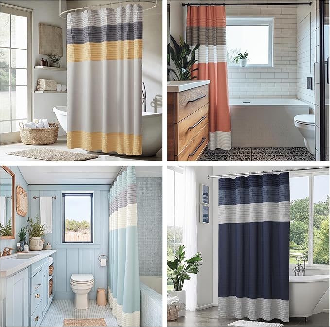 Madison Park Amherst Bathroom Shower Curtain Faux Silk Pieced Striped Modern Microfiber Bath Curtains, 72x84 Inches, Navy