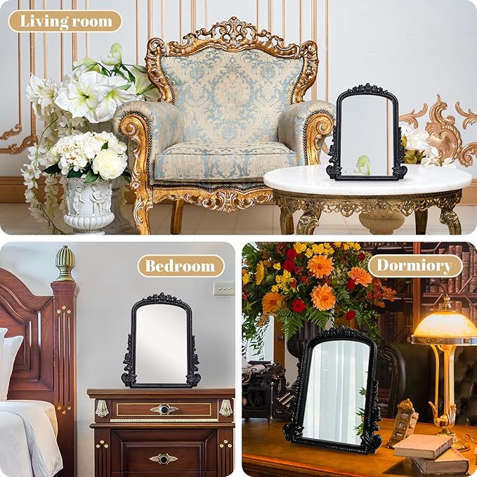 Vintage Vanity Makeup Mirror, Black Arched Tabletop Mirror for Makeup and Room Decor, Antique Decorative Standing Mirror with Carved Frame, Desk Mirror for Bedroom, Living Room, Dresser 11.8"x9.6"