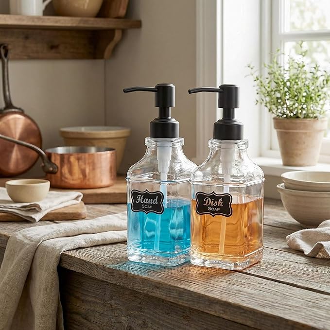 JASAI 2Pack Glass Soap Dispenser with Black Rust Proof Pump, Refillable Dish Soap Dispenser with for Kitchen and Bathroom.