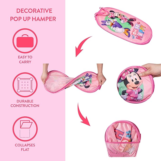 Disney Minnie Mouse Pop-Up Hamper,?€?Oh So Happy?€? Design, 21?€?H x 13.5?€?W x 13.5?€?L, Durable & Collapsible Laundry Basket with Carry Handles for Kids Room