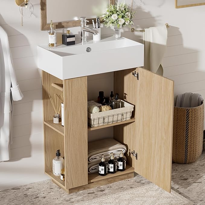 Virubi 21.6" Small Fluted Bathroom Vanity with Sink,Soft Closing Doors and Storage Shelves,Natural Wood Single Bathroom Sink Cabinet Combo Freestanding, Natural Wood