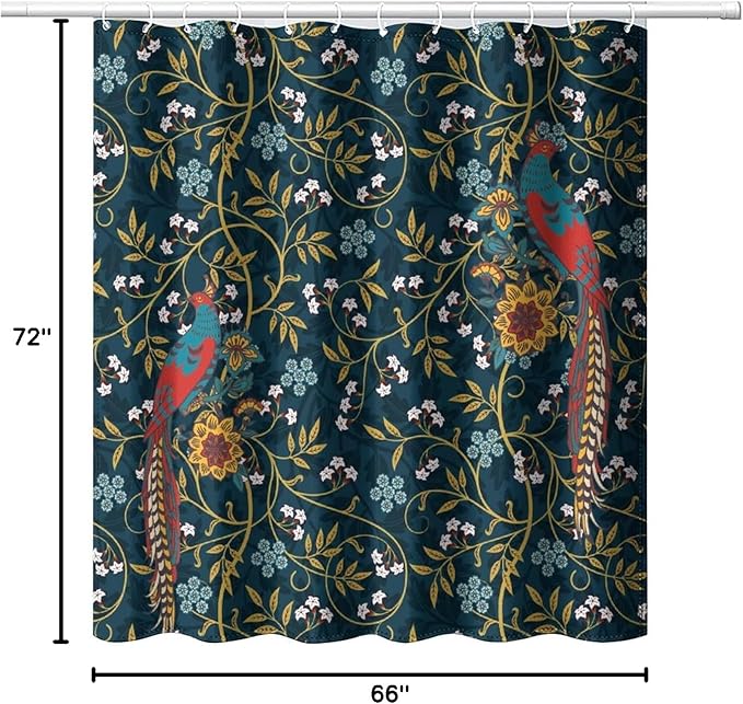 Rustic William Morris Art Print Waterproof Fabric Shower Curtain,Vintage Mid Century Boho Floral Bird Soft Hotel Quality Cloth Shower Light-Weight & Machine Washable - 72L x66W