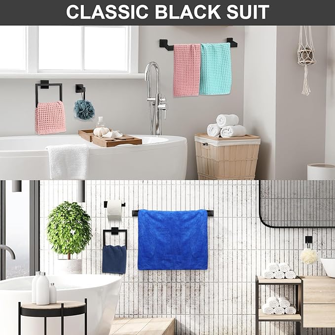 Gisafai 30 Pcs Black Bathroom Hardware Accessories Set 23.6 Inch Bath Towel Bar Kit Stainless Steel Bathroom Hardware Set Towel Racks Ring Robe Hooks Paper Holder for Wall Mounted