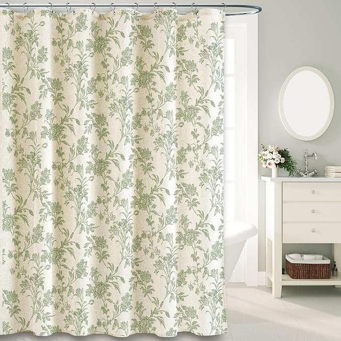 Sage Green Shower Curtain Floral Cotton Linen Cottagecore Shower Curtain for Bathroom 72" W x 72" L