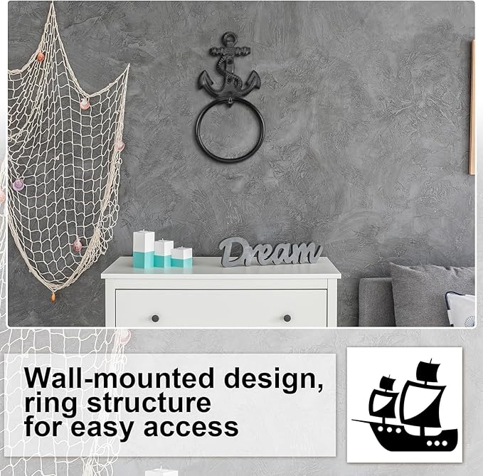 2 Pcs Nautical Towel Ring Cast Iron Anchor Hand Towel Holder Vintage Decorative Wall Mount Kitchen Bathroom Hanger for Ocean Nautical Bathroom Decor Accessories(Black)