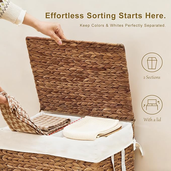 2-Section Laundry Hamper with Lid, Large Capacity Woven Natural Water Hyacinth Laundry Sorter with Removable Liners, Rolling or Non-Slip Design for Bedroom (Espresso, 100L)