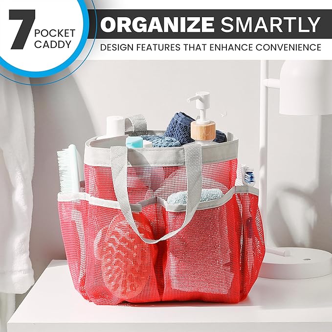 Handy Laundry Mesh Shower Caddy – 7 Pocket Portable Organizer Tote for Dorm, Gym, Travel & Bathroom – Quick Dry Collapsible Bag for College Essentials, Toiletries & Cleaning Supplies (Pink)
