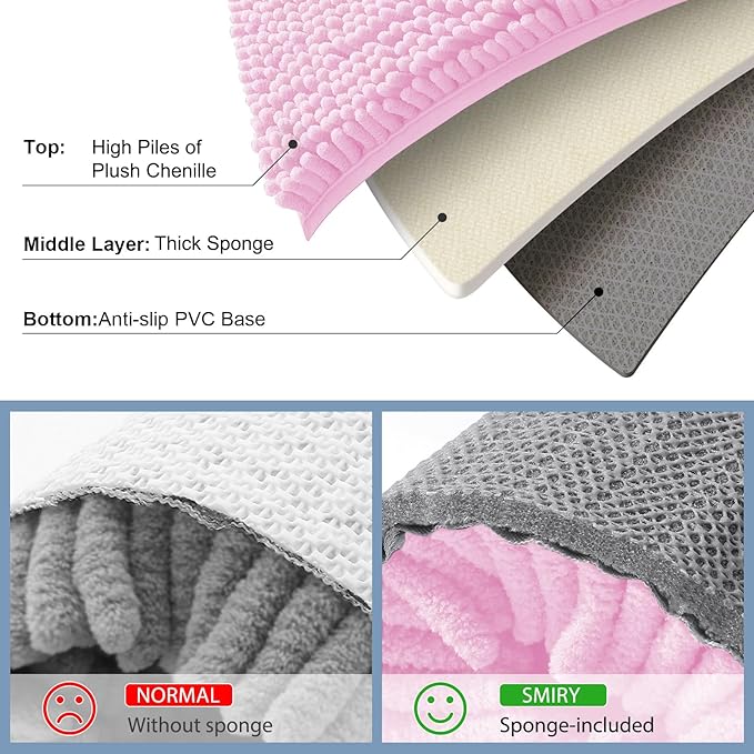 Smiry Luxury Chenille Bathroom Rugs 59x24, Extra Soft and Absorbent Shaggy Bath Mat, Machine Washable, Non-Slip Plush Carpet Runner for Tub, Shower, and Floor, Home Decor Accessories, Pink