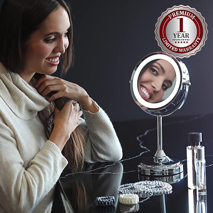 OVENTE 7'' Lighted Makeup Mirror with 1X/7X Magnification, Cordless Tabletop Mount Vanity Mirror with 360° Swivel Design & Double Sided Glow Cosmetic White LED Ring Light, Polished Chrome MCT70CH1X7X