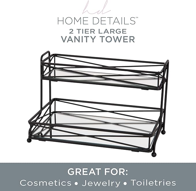 Home Details Mirrored, Perfect for Perfumes, Jewelry, Makeup, Cosmetic Organizer, Stylish Decor in Matte Black 2 Tier Vanity Tower