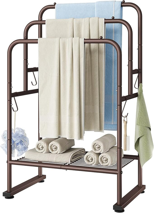 ELYKEN 40'' Tall Standing Towel Racks, 3 Tier Towel Drying Rack Outdoor, Pool Towel Stand Blanket Holder with Shelf & 4 Removable Hooks, Metal Freestanding Towel Racks for Bathroom, Smooth Silver