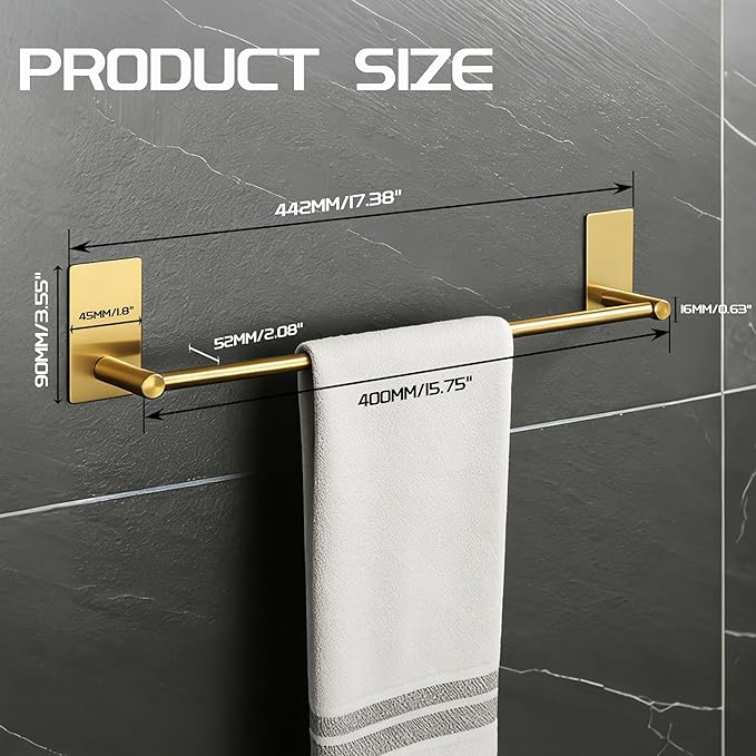 Alise Adhesive Towel Bar, 16 Inch Towel Racks for Bathroom SUS 304 Stainless Steel,Bathroom Towel Holder No Drill, Strong Self Adhesive Towel Bar, Gold