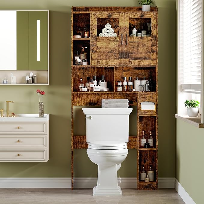 Farmhouse Style Over Toilet Storage Cabinet, 67" Tall Bathroom Organizer Unit with Sliding Barn Doors & Open Shelving for Bathroom, Neutral Wood Grain Finish