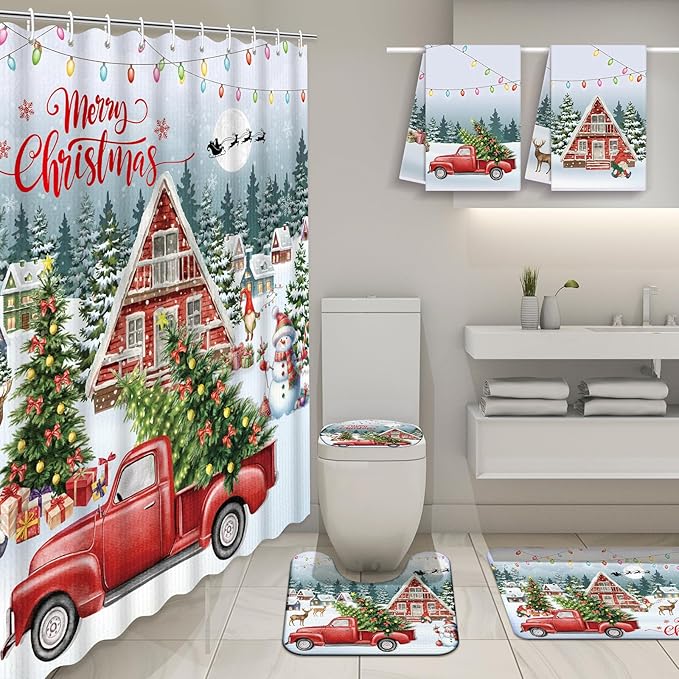 Nuanchu 6 Pcs Christmas Shower Curtain Bathroom Set with Bath Mat Red Truck with Christmas Tree U Shaped Mat Toilet Cover 2 Bath Towels and 12 Hooks Bathroom Decor Set, 71 x 71 Inch