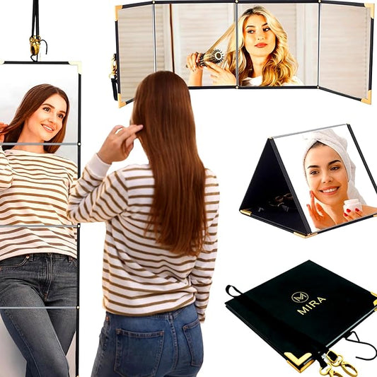 Folding Full Length Travel Makeup Mirror - Portable Mirror in 3 Way - Pyramid, Vanity, Full Length - Hanging Mirror for Outfit, Hair & Makeup - Dance Bag, Closet, Camping