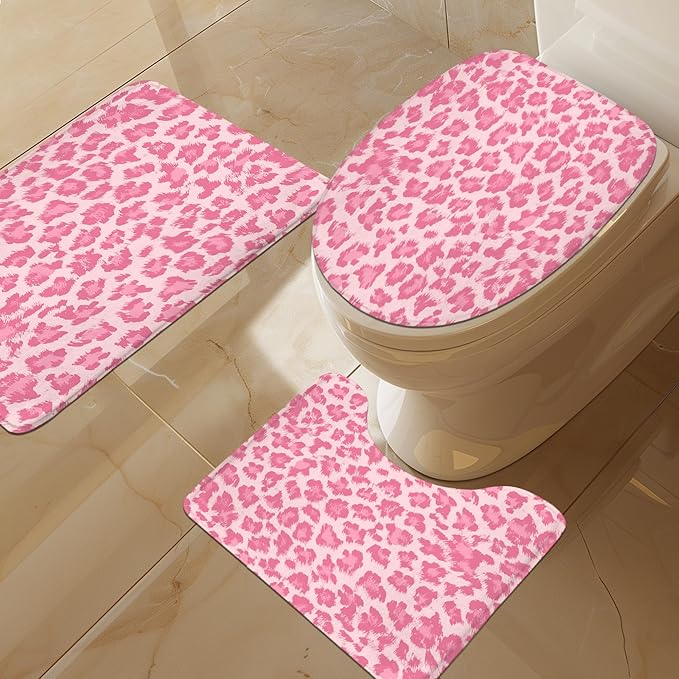 LIGHTINHOME 4 PCS Pastel Pink Leopard Print Shower Curtain Set 72Wx72H,Toilet Lid Cover,Non-Slip Rugs and U-Shaped Mat,Wild Cheetah Bathroom Sets with Rugs with 12 Hooks for Bathroom Decor