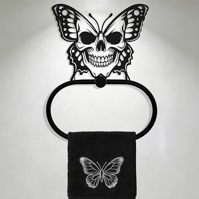 Black Metal Gothic Skull Butterfly Towel Ring, Goth Witchy Skeleton Wall Hand Towels Holder, Gothic Bathroom & Kitchen Accessories, Wall Hanging Towel Rack Home Decor Gift Indoor Outdoor