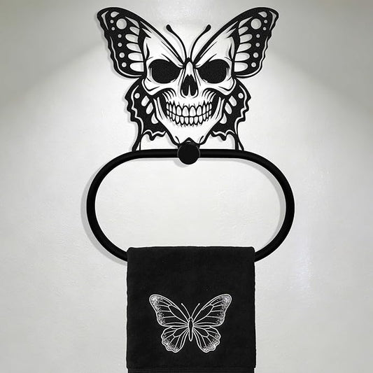 Black Metal Gothic Skull Butterfly Towel Ring, Goth Witchy Skeleton Wall Hand Towels Holder, Gothic Bathroom & Kitchen Accessories, Wall Hanging Towel Rack Home Decor Gift Indoor Outdoor