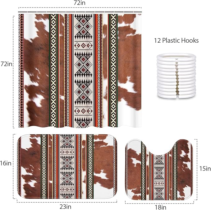 Pamnest 4 Pcs Shower Curtain Sets, Cowhide Cow Brown Waterproof Bathroom Sets with Non-Slip Rugs, Toilet Lid Cover and Bath Mat, Accessories Modern Home Bathroom Decor 72" X 72"