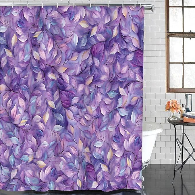 ArtSocket Purple Plant Leaves Bathroom Set with Shower Curtain and Bath Rugs and Accessories,Oil Painting Art Non-Slip Shower Curtain Set,Bathroom Decor 3 Pcs