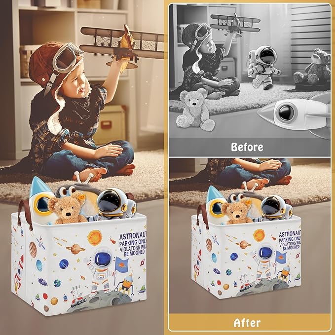 Outer Space Astronaut Nursery Basket with Inspirational Quotes ,Boy Planets Rocket Storage Bin for Baby Nursery Kids Bedroom Playroom Decor,Cute Shelf Basket Toy Box Bin (white)