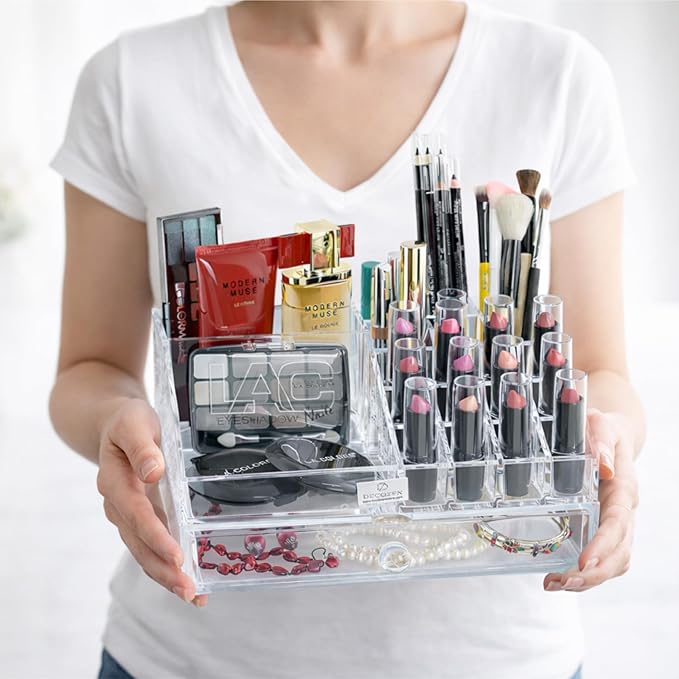 Decozen Makeup Organizer - Vanity Storage with Multiple Compartments and Drawers for Brushes, Lipsticks, Jewelry, Perfect for makeup organizer countertop, makeup holders and organizers, Gift for Mom