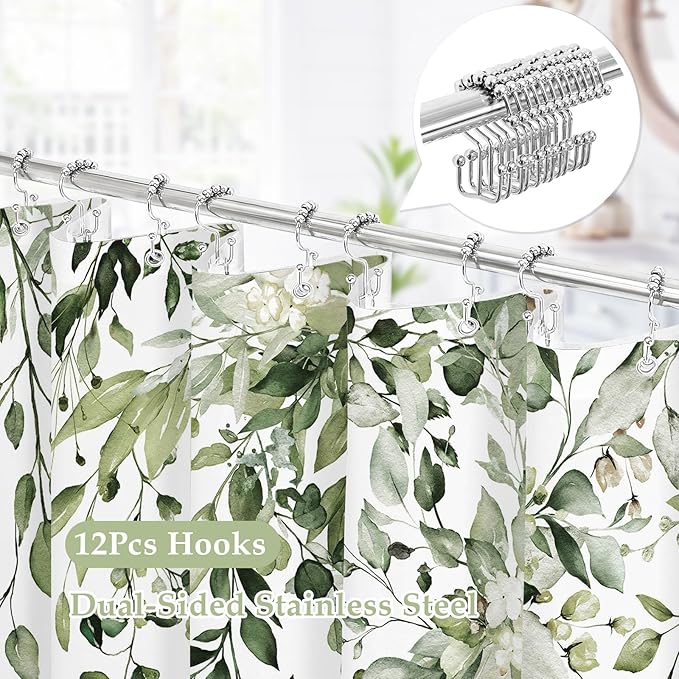 Gibelle 3 in 1 Shower Curtain Set, 72x72 OliveGreen Eucalyptus Bath Curtain with PEVA Liner Set and 12 Metal Hooks, Waterproof Fabric Bathroom Curtain