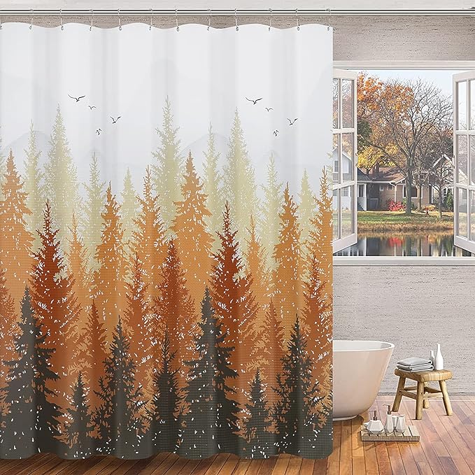 Hokibero Extra Long Shower Curtains 84 Length Forest Ombre Mountain Nature Water Repellent Shower Curtain for Hotel Style Decorative Bathroom Curtains, Autumn Yellow