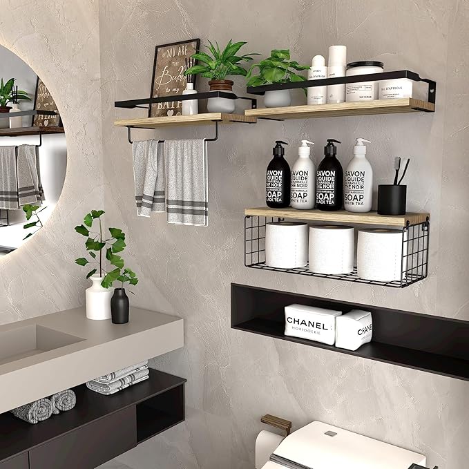 Generic Wooden Floating Shelves for Bathroom Organizer Over Toilet Wall Shelf Bathroom Organizer with Metal Frame Bathroom Shelf with Basket Storage Rack (Light Burning Color)