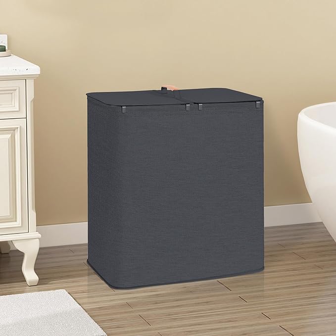 STORAGE MANIAC Double Laundry Hamper, 136L Laundry Sorter with Lid and Removable Bags, Clothes Hamper, Large 2 Section Clothes Basket with Handles for Small Space, Dorm, Closet, Bathroom, Black