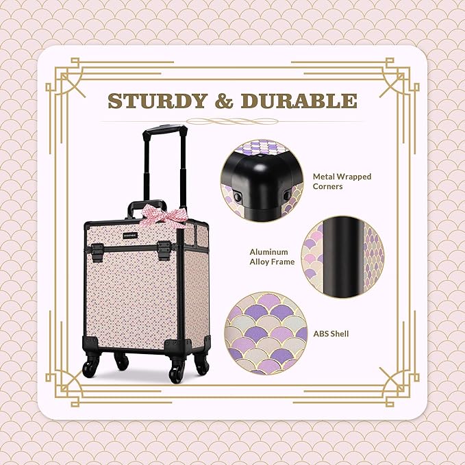 BYOOTIQUE Cosmetology Case on Wheels Cosmetic Trolley Travel Art Deco Tyrian