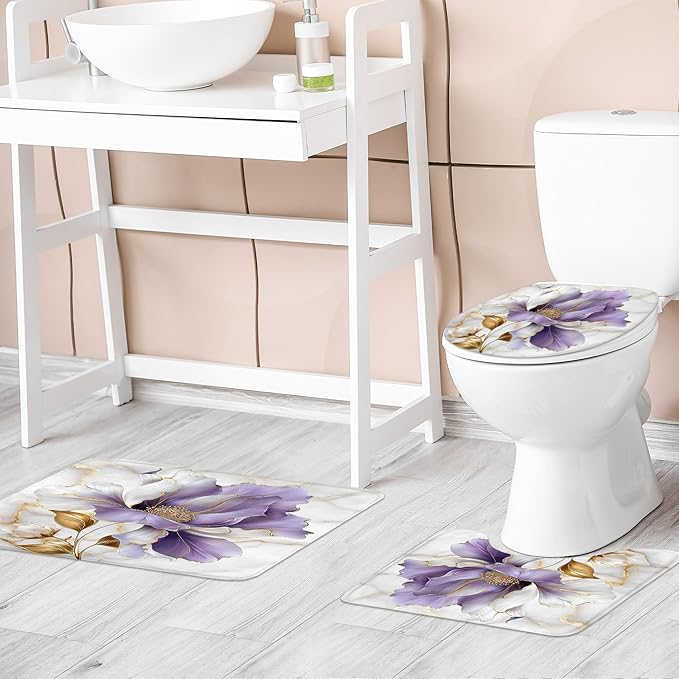 Riyidecor Purple Gold Marble Floral 4Pcs Bathroom Shower Curtain Sets Modern Abstract Flower Bathroom Decor Set with Rugs and Accessories Minimalist Toilet Lid Rug, Contour and Bath Mat with 12 Hooks