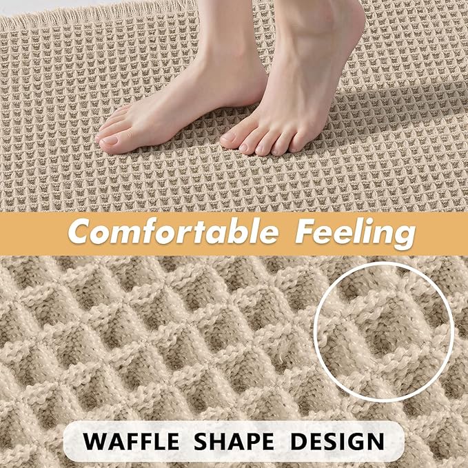MIULEE Set of 2 Waffle Bathroom Rugs, Boho Bath Rugs Non Slip Washable, Super Absorbent Bath Mats, Ultra Soft Rubber Backed Shower Mats for Bathroom Floor, Tub and Shower, Pale Beige, 17x24 Inch