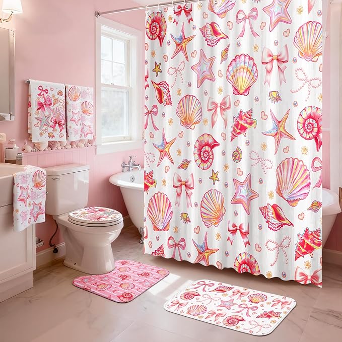 Tatuo 8 Pcs Beach Shower Curtain Set Blue Bow Ocean Summer Beach Party Bathroom Accessories Sets Coquette Starfish Coastal Waterproof Shower Curtain with Towels Carpet Bath Mat Toilet Rugs 12 Hooks