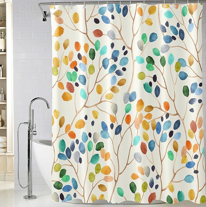 Colorful Leaves Shower Curtains 72x72 Inch, Waterproof Fabric Watercolor Floral Stylish Bathroom Shower Curtain with Hooks