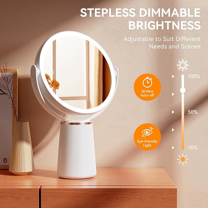 Auxmir Makeup Mirror with Lights, Double Sided 30X/1X Magnifying Mirror, 3 Color Stepless Dimmable Mirrors with Touch Screen, 2000 mAh Rechargeable 360° Free Standing Vanity Mirrors for Women