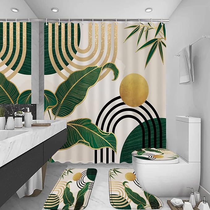FZDHHY 4Pcs Green Shower Curtain Set, Boho Bathroom Sets, Bamboo Leaf Bathroom Sets with Shower Curtain and Rugs, Shower Curtain with 12 Hooks