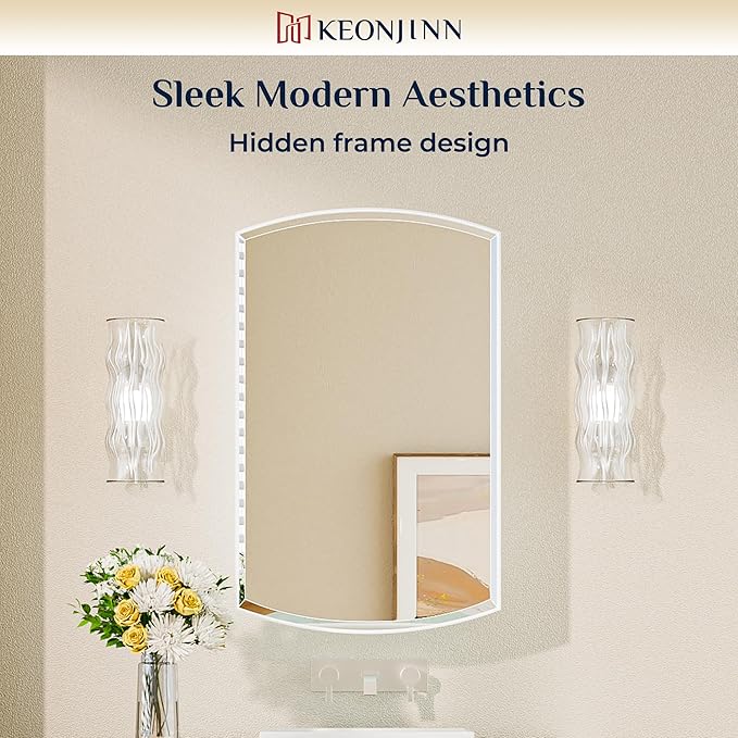 Keonjinn Medicine Cabinet 16 x 26 Inch, Surface Mount or Recessed Cabinets with Mirrors, White Metal Framed Wall Mirror with Storage, 2 Adjustable Shelves, Beveled Edge Frame