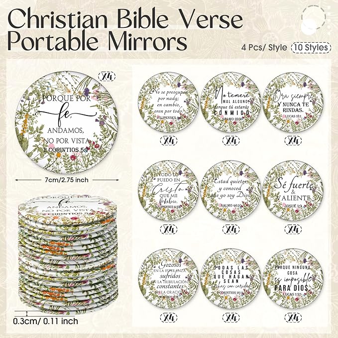 GlikCeil 40 Pcs Christian Compact Mirrors Bulk for Women Inspirational Bible Verse Pocket Mirror Mini Purse Makeup Mirror Christian Church Gift for Mother's Day Mom Church Party Favor (Spanish Bible)
