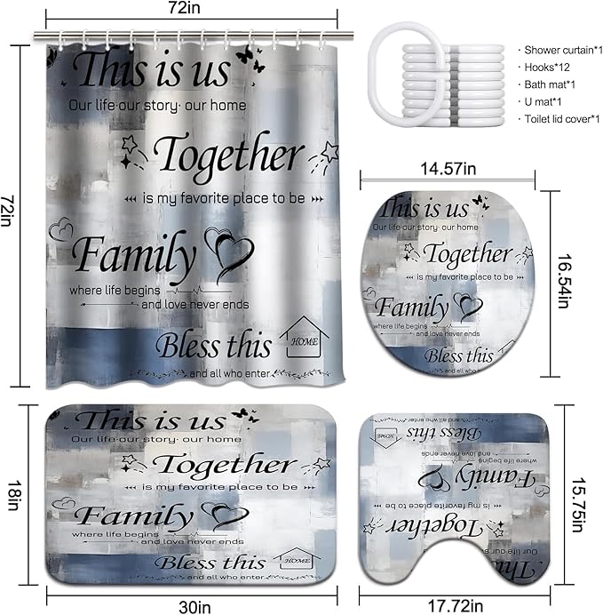 Lnond 4Pcs Bathroom Shower Curtain Sets with Rugs, Navy Blue Motivational Home Family Bathroom Sets with Shower Curtain and Rugs and Accessories