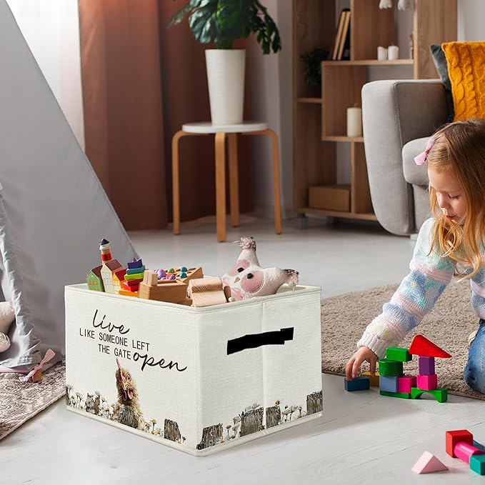 Rustic Chicken Storage Bins & Boxes with Handles, Farmhouse Chicken Foldable Basket for Organizing, Live Like Someone Left the Gate Open Collapsible Storage Basket for Bedroom Bathroom