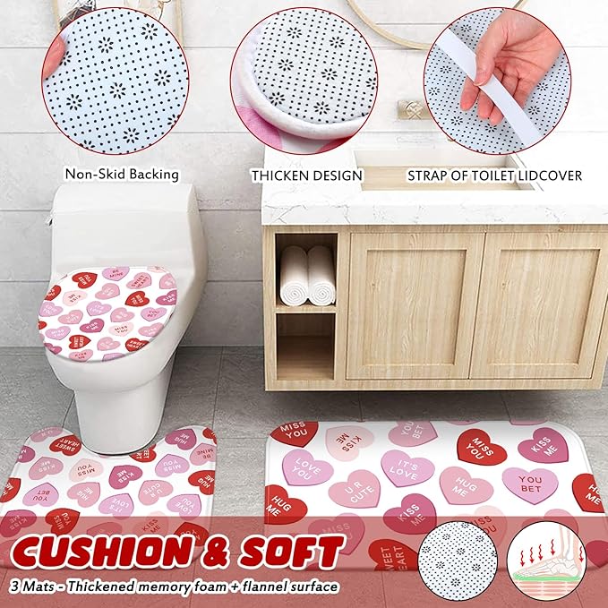 Drydiet 4 Pcs Valentines Shower Curtain Set, Non Slip Rugs Toilet Lid Cover U Shape Bath Mat and 12 Hooks Conversation Heart Pink Bathroom Supplies for Valentines Accessories Decor Set