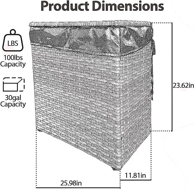 Laundry Hamper Wicker With Lid and Wheels, Collapsible Rattan Clothes Hamper 29 Gal (110 L) Removable Linerdouble Laundry Basket Handwoven for Clothes Storage in Bedroom(Brown)
