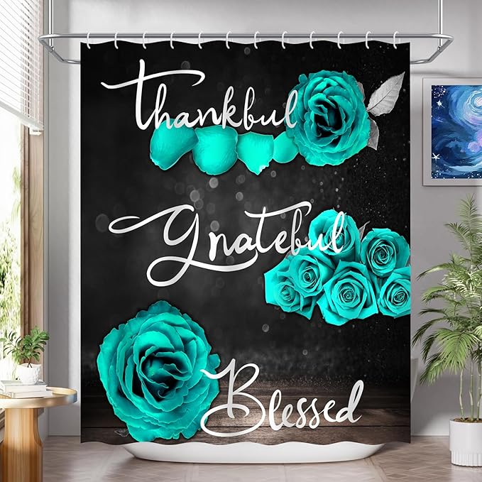 Onalasyc 4Pcs Green Rose Shower Curtain Set with Rugs Waterproof Bathroom Sets with Shower Curtain and Rugs Romantic Rose Floral, Thankful Grateful Blessed Bathroom Curtains Shower Set,with 12 Hooks