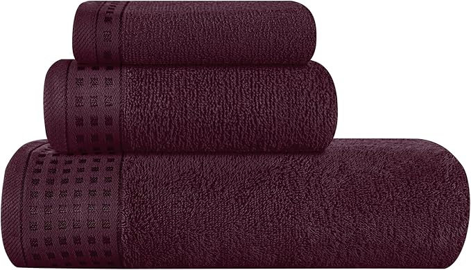 GLAMBURG Ultra Soft 3 Pack Cotton Towel Set, Contains a Bath Towel 28x55 inch, a Hand Towel 16x24 inch & a Wash Coth 12x12 inch, Ideal Everyday use, Compact & Lightweight - Burgundy