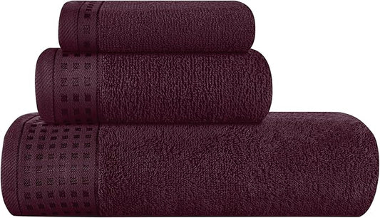 GLAMBURG Ultra Soft 3 Pack Cotton Towel Set, Contains a Bath Towel 28x55 inch, a Hand Towel 16x24 inch & a Wash Coth 12x12 inch, Ideal Everyday use, Compact & Lightweight - Burgundy